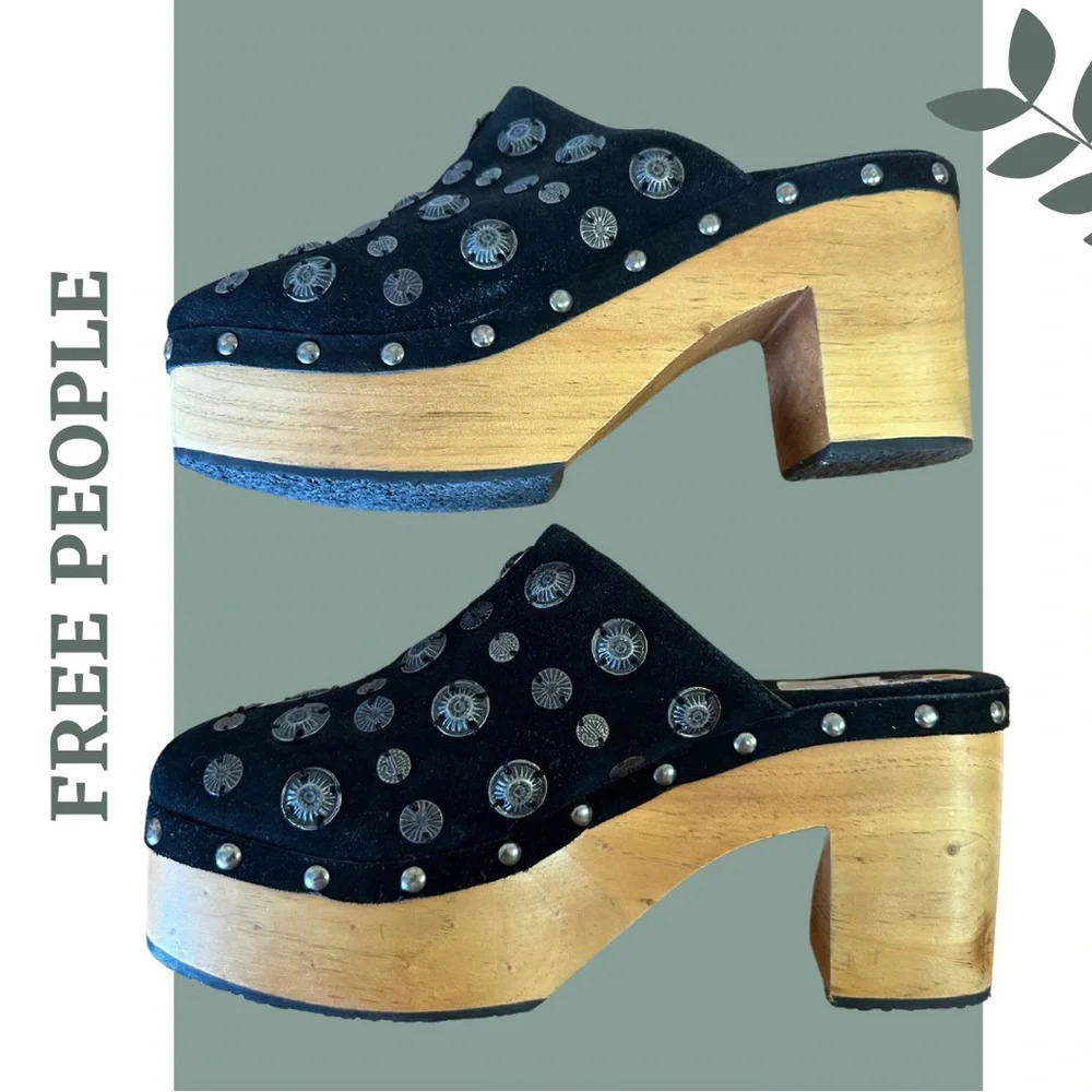 Free People Claudia Wooden Platform Clogs Black Suede Metal Detail Size 41 - Picture 2 of 7